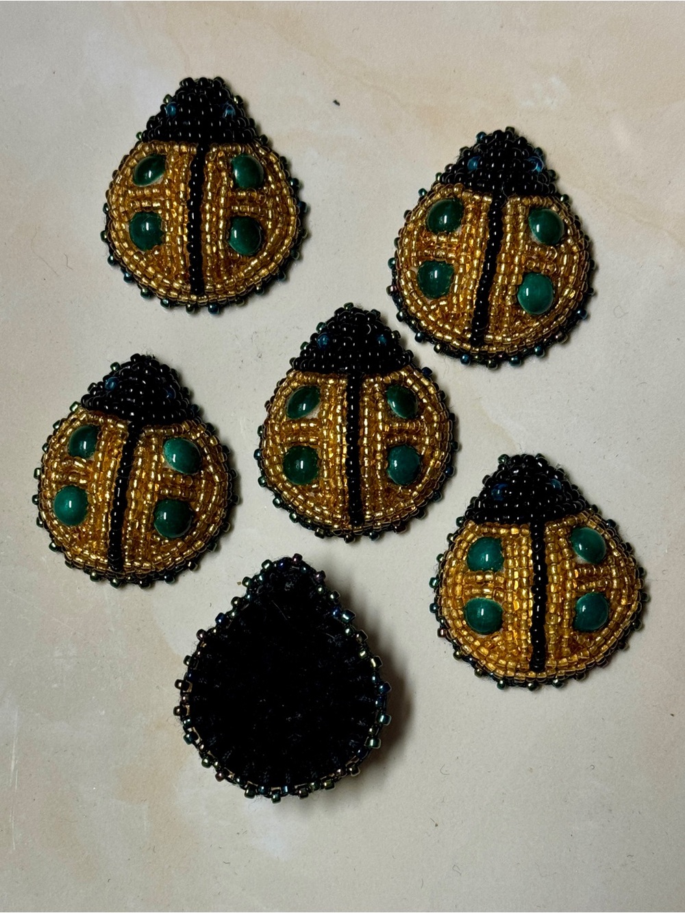 Cute Beaded Ladybug Appliqué Patch/ Buttons - Gold, Black & Green